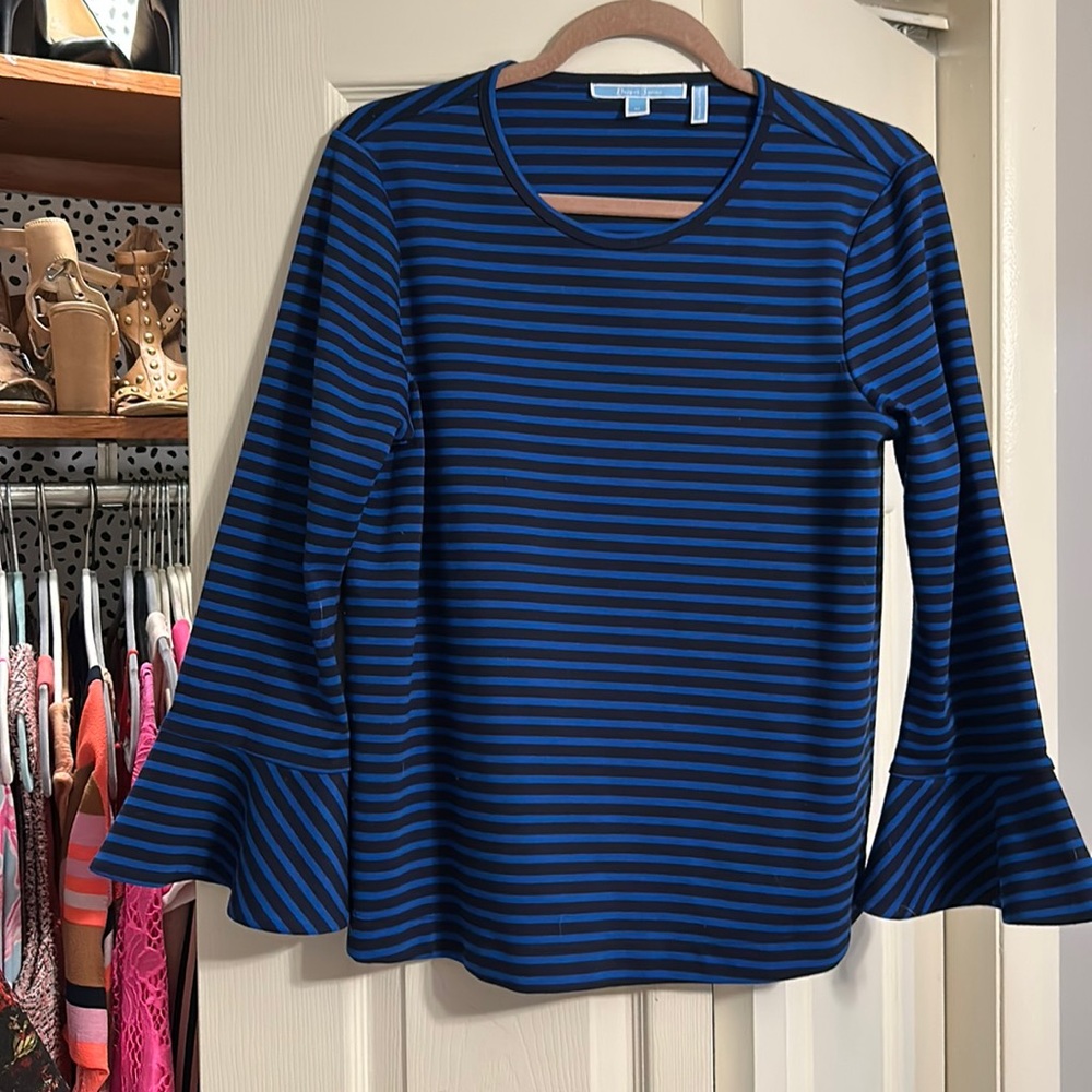 Draper James Blue Black Striped Sadler Bell Sleeve Top. Women Size M